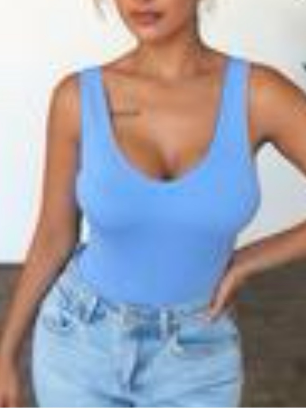 OOTDFash Women's Light Blue Scoop Neck Bodysuit